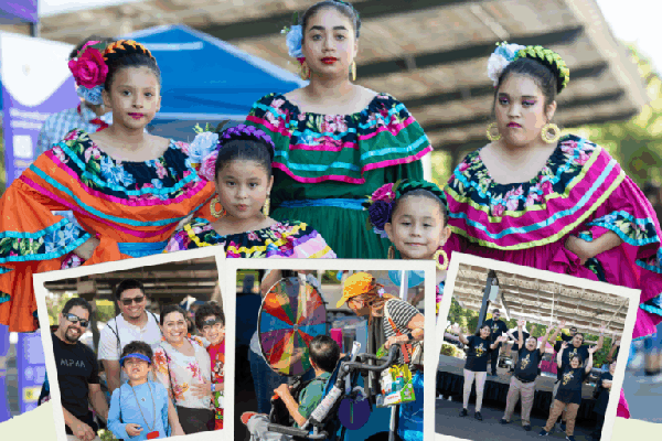 A group of girls in colorful traditional dresses pose together; smaller photos below show families, a prize wheel, and people celebrating at an outdoor event.