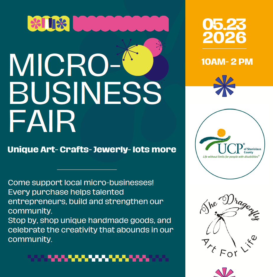 Flyer for a micro-business fair on May 23, 2026, from 10 AM to 2 PM, featuring unique art, crafts, and jewelry; event promotes local entrepreneurs and community creativity.
