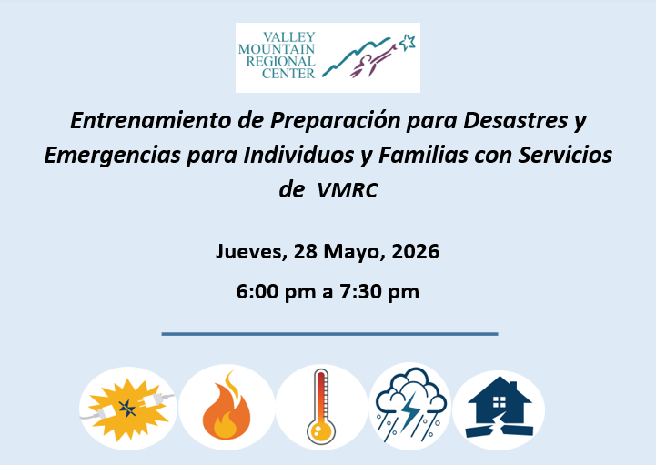 Promotional flyer for a disaster and emergency preparedness training by Valley Mountain Regional Center on May 28, 2026, with related emergency icons at the bottom.