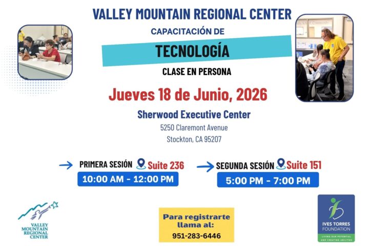 Flyer for a technology training class on June 18, 2026, at Sherwood Executive Center, Stockton, CA, with session times and contact info for registration.