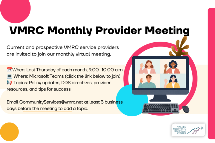 Flyer for VMRC Monthly Provider Meeting with event details, Microsoft Teams link info, list of topics, and contact email for adding topics, alongside an illustration of a virtual meeting on a laptop.